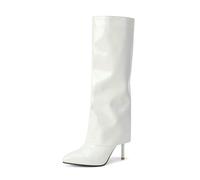 WOkismD Botas de Mujer 9CM con Punta Afila, Altas hasta la Rodilla con Pliegue, Tacón Stiletto, Blanca,36 EU