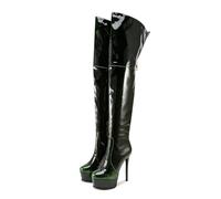 WOkismD Botas de Mujer hasta el Muslo de 16 cm, de PU, con Plataforma Sexy, tacón Alto de Aguja, por Encima de la Rodilla para Fiestas, Baile y Vestimenta Elegante,Verde,47 EU
