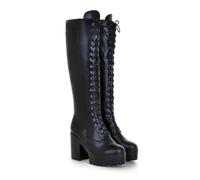 WOkismD Botas de Mujer hasta la Rodilla con Tacones Gruesos Altos de 10 cm, Plataforma y Cordones, de Estilo Sexy y Moderno,Negro,42 EU