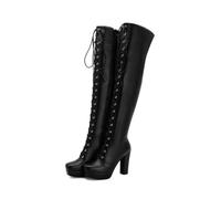 WOkismD Botas de Mujer hasta la Rodilla de 11 CM con Cordones y Cremallera, Botas Altas hasta el Muslo con tacón,Negro,38 EU