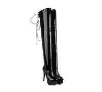 WOkismD Botas de Mujer por Encima de la Rodilla con Plataforma, Tacón de Aguja, Cordones, Cuero Charol, Altas hasta el Muslo, Cremallera, Tacón Alto, para Fiesta,Negro,43 EU
