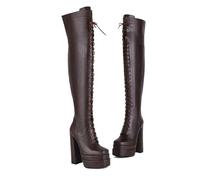 WOkismD Botas de Plataforma con Cordones de Plataforma de Moda Sexy por Encima de la Rodilla para Mujer con Tacones Gruesos Ultra Altos,Marrón,40 EU