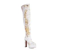 WOkismD Botas de tacón Alto Grueso de Plataforma Brillante de 15,5 cm para Mujer, Sexy, por Encima de la Rodilla, para Fiesta, Baile y Vestimenta Elegante,Blanca,43 EU