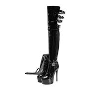 WOkismD Botas de tacón Alto y Plataforma Super Altas para Mujer, con Punta Redonda, de Charol, por Encima de la Rodilla, con Hebilla, Cremallera Trasera, Calzado exótico de Baile,Negro,41 EU