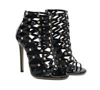 WOkismD Botas de Tobillo de Gladiadora para Mujer con Tachuelas, Correa Cruzada, Tacón de Aguja y Punta Abierta, Tacones de Moda,Negro,35 EU