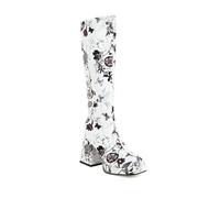 WOkismD Botas Femeninas Blancas con Estampado Floral hasta la Rodilla, tacón Grueso Cuadrado de 9 cm, Moda,Blanca,37 EU