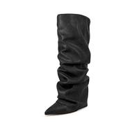 WOkismD Botas Femeninas de 3.9 Pulgadas con Pliegue, Botas Altas hasta la Rodilla, tacón cuña, Punta Puntiaguda, Pantorrilla Ancha, Tipo Pull-on,Negro,35 EU