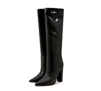 WOkismD Botas para Mujer hasta la Rodilla de 11 cm, Punta Estrecha, tacón Alto Grueso, Cremallera Lateral, Botines para Fiestas y Vestidos,Negro,40 EU