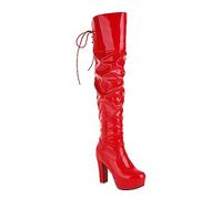 WOkismD Botas por Encima de la Rodilla con Plataforma para Mujer, Botas largas de tacón Grueso con Punta Redonda y Cordones Traseros, Botas Altas hasta el Muslo de Charol,Rojo,39