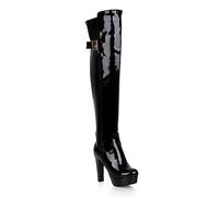 WOkismD Botas por Encima de la Rodilla con tacón para Mujer Cuero de Charol PU Tacón de Bloque Grueso Botas Altas hasta el Muslo Vestido de Moda Sexy Cremallera Lateral para Boda Plataforma,Negro,37