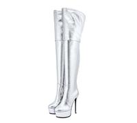 WOkismD Botas por Encima de la Rodilla de Charol con Plataforma de 16 cm, Punta Redonda y tacón Alto en Talla Grande,Plata,41 EU