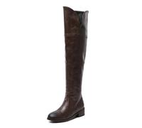 WOkismD Botas sobre la Rodilla de Cuero de PU para Mujer Bloque Invierno Muslo Alto Bajo por Encima Botas largas Planas Confort de otoño Punta Redonda Cremallera Lateral Zapatos cómodos,Marrón,39