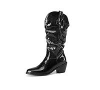 WOkismD Botas vaqueras de charol negro hasta la rodilla para mujer, estilo occidental, tacón grueso, Black, 40 EU