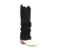 WOkismD Botas Vaqueras de Mezclilla para Mujer, Holgadas hasta la Rodilla, Punta Blanca, Tacón Bajo en Bloque,Negro,38 EU