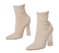 WOkismD Botines con tacón de cristal a la moda para mujer, botines con punta en punta, ante, bloque elástico, tacones, botas, zapatos elegantes para mujer para otoño e invierno,Beige,35