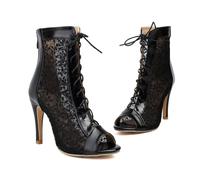 WOkismD Botines de Malla de Encaje Negro para Mujer con Punta Abierta, tacón de Aguja y Cierre con Cremallera en la Parte Trasera con Cordones,Negro,45 EU
