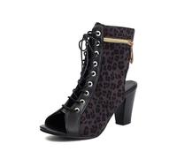 WOkismD Botines de Mujer con Punta Abierta y Cordones de 8CM, Botines con tacón Ancho y Trasera Descubierta con Cremallera Lateral, Zapatos para Fiestas de Verano y Club,Negro,35 EU
