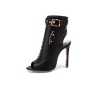 WOkismD Botines de tacón de Aguja para Mujer con Puntera Abierta, Tobillo, Cremallera, Hebilla y talón Descubierto,Negro,35 EU