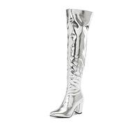 WOkismD Moda para mujer Botas altas hasta el muslo Punta estrecha Tacón grueso Botas sobre la rodilla Bloque Tacones altos Zapatos de vestir con cremallera lateral Oro plata,Plata,39