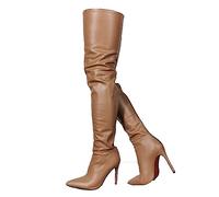 WOkismD Moda para mujer Cremallera trasera Botas altas hasta el muslo Punta puntiaguda Botines de tacón de aguja Elástico sobre la rodilla Bota de tacón alto Cuero PU Zapatos de cómodos,Marrón,38