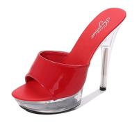WOkismD Mujer Cristal Transparente Stiletto Tacones Altos Plataforma Punta Abierta Sandalias con Correa en el Tobillo Slingback Mulas de tacón Alto Diapositivas Zapatos de Vestir,Rojo,38