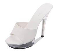 WOkismD Mujer Cristal Transparente Stiletto Tacones Altos Plataforma Punta Abierta Sandalias con Correa en el Tobillo Slingback Mulas de tacón Alto Diapositivas Zapatos de Vestir,Blanco,36