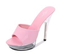 WOkismD Mujer Cristal Transparente Stiletto Tacones Altos Plataforma Punta Abierta Sandalias con Correa en el Tobillo Slingback Mulas de tacón Alto Diapositivas Zapatos de Vestir,Rosado,37