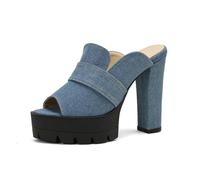 WOkismD Mules de Plataforma de Mezclilla, Tacones Gruesos en Bloque con Punta Abierta,Azul,40 EU