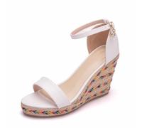 WOkismD Sandalias de cuña 9CM para Mujer Sandalias de Plataforma Abierta con Correa de Tobillo con Nudo Trenzado,Blanca,35 EU
