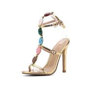 WOkismD Sandalias de Gran tamaño de Moda Colorido Rhinestone Tacones de Aguja Sexy Catwalk Super Tacones Altos 11.5CM,Oro,37 EU