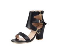 WOkismD Sandalias de Mujer con puño de Tobillo de múltiples Hebillas, Tacones Gruesos de Bloque de 7.5CM, Punta Cuadrada Abierta, Zapatos Casuales y de Oficina,Negro,46 EU