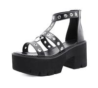 WOkismD Sandalias de plataforma para mujer Tacón grueso Punta abierta Cremallera Tobillo Correa Sandalias de tacón Anillo de metal Sandalias góticas punk Moda Verano Bloque Talón Zapatos,Negro,39