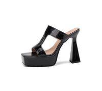 WOkismD Sandalias de Plataforma Tipo Mule de Punta Cuadrada para Mujer con Corte en T, deslizable, tacón Alto Acampanado, Zapatos de Fiesta para Club y Vestido,Negro,43 EU