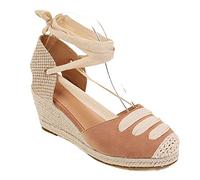 WOkismD Sandalias de Punta Cerrada Tejidas de Paja con Plataforma de cuña con Cordones para Mujer, Alpargatas de Verano con Correa Cruzada, Zapatos de Plataforma con Correa en el Tobillo,Beige,34