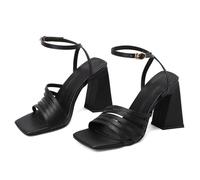WOkismD Sandalias de tacón abierto cuadrado para mujer de 10 cm, tacones bloque, zapatos trenzados sin espalda, Negro , 35 EU
