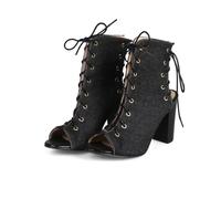 WOkismD Sandalias de tacón Alto de Dedo al Descubierto con Correa en el Tobillo Grueso para Mujer 9CM, Zapatos Casuales Diarios de Denim,Negro,47 EU