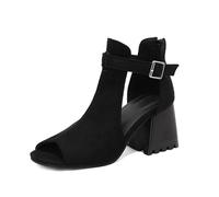 WOkismD Sandalias de tacón alto gruesas de 7,5 cm para mujer con dedos expuestos y tacones altos con cremallera trasera, Black, 38 EU