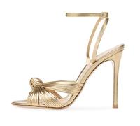 WOkismD Sandalias de tacón con nudo de lazo para mujer, zapatos de vestir de tacón alto con punta abierta y correa en el tobillo, color dorado, para novia, boda, fiesta, graduación,Oro,38