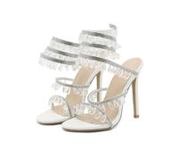 WOkismD Sandalias de tacón de Aguja de Cristal para Mujer de 11,5 cm, con Tiras múltiples y Piedras de imitación, Punta Abierta, para Bodas y Fiestas,Blanca,38 EU