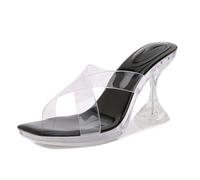 WOkismD Sandalias de Tacón de Mujer 8CM Tipo Mule con Talón Acampanado, Correa Cruzada Transparente, Punta Cuadrada y Plataforma,Negro,38 EU