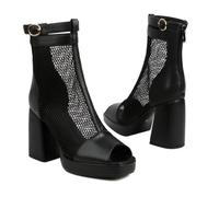 WOkismD Sandalias de tacón Grueso de 9CM para Mujer, con diseño Hueco de Malla, Cierre de Cremallera, Correa y Hebilla, Botas de Tobillo de Plataforma para el Verano.,Negro,46 EU