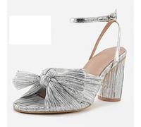 WOkismD Sandalias de tacón Medio con Punta Abierta para Mujer, Sandalias de tacón Grueso con Correa en el Tobillo, para Fiesta, Boda, Zapatos de tacón con Lazo,Plata,46