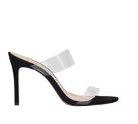 WOkismD Sandalias de tacón puntiagudo transparente de 10 cm, correa transparente, tacones altos sin cordones para mujer, Black, 35.5 EU