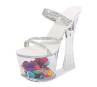 WOkismD Sandalias Transparentes De Tacón Ultra Alto Sandalias De Tacón Grueso 17CM Verano Impermeable Plataforma Rhinestone Sexy Sandalias De Tacón Alto,Blanco,42 EU