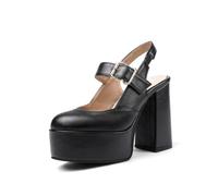 WOkismD Slingbacks de Plataforma con Punta Redonda, Tacones Gruesos de Bloque con Doble Hebilla,Negro,34 EU