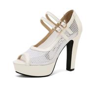 WOkismD Tacones con Plataforma y Punta Abierta de Malla de 11,5 CM, Tacones Gruesos con Doble Hebilla,Blanca,37 EU