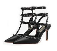 WOkismD Tacones con Tachuelas con Remaches para Mujer, Correa en T, Puntiagudos, Puntiagudos, Tacones de Aguja, Tacones Altos, Tacones de Gatito, Zapatos de tacón para Boda, Vestido de Novia,Negro,38