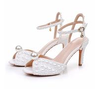 WOkismD Tacones de Perla de 8 cm para Mujer Sandalias de tacón con Correa de Tobillo de Bloque Medio Zapatos de Novia de Noche de Fiesta de Punta Abierta Redonda para Boda,Blanca,42 EU