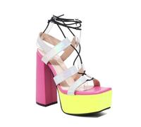 WOkismD Tacones de Plataforma con Tiras iridiscentes, Punta Cuadrada de 14.5 cm, con Envoltura para la Pierna,Plata,35 EU