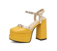 WOkismD Tacones Plataforma con Tachuelas de 12 CM, Tacones Gruesos con Correa en el Tobillo,Amarillo,40 EU